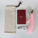 Viotec Metis Touch Panel Rabbit Vibrator Pink, accessories including storage bag, manual, and charging cable.