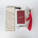 Viotec Metis Touch Panel Rabbit Vibrator Red with storage pouch, user guide, and charging cable.