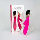 Viotec Metis Touch Panel Rabbit Vibrator Fuchsia displayed with packaging, showcasing dual-stimulation design and elegant finish.