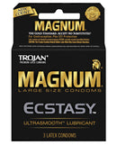 Trojan Magnum Ecstasy Condoms Box of 3 packaging featuring ultrasmooth lubricant and large size design.