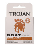 Trojan G.O.A.T Non-Latex Lubricated Condoms Box of 3 packaging showing soft & flexible design for intimate protection.