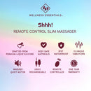 Id Shhh Remote Control Slim Massager features: premium silicone, body safe, waterproof, 10 vibrations, remote controlled.