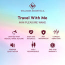Id Travel With Me Mini Pleasure Wand features, including crafted silicone, waterproof, and rechargeable design.