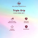 Id Triple Grip Silicone Cock Ring Set showcasing premium silicone, body-safe materials, and waterproof features.