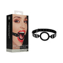 Ouch Adjustable Silicone Ring Gag With Leather Straps Black packaging and product display with person using gag.