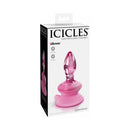 Icicles No 90 Glass Anal Plug With Suction Cup Pink packaging featuring sleek design and branding.
