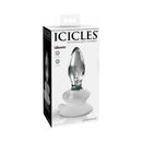 Icicles No 91 Glass Anal Plug With Suction Cup Clear packaging showcasing elegant design and features.
