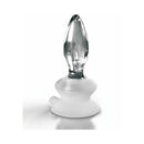 Icicles No 91 Glass Anal Plug With Suction Cup Clear on a reflective surface, showcasing its elegant design.