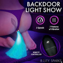 Booty Sparks Vibrating Optical Fiber Butt Plug with Remote Control showcasing colorful light and vibration settings.