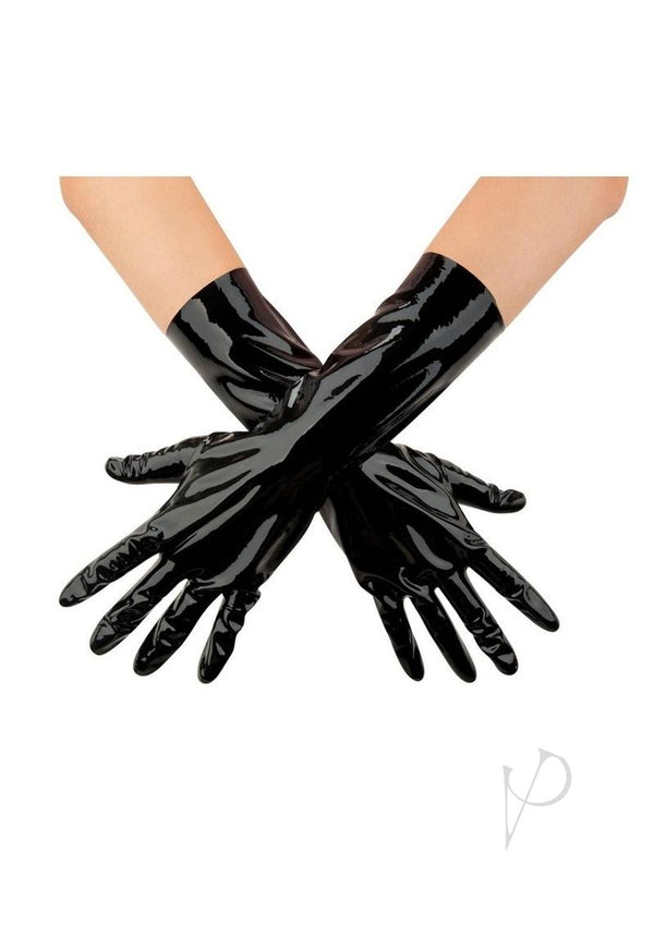 Prowler RED Wrist Length Latex Gloves Large Black displayed on hands, showcasing a shiny, sleek design for bold, stylish wear.