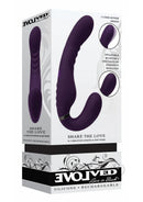 Evolved Share The Love Silicone Strap-On Purple packaging showcasing features and design.