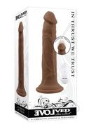 In Thrust We Trust Silicone Remote Control Dildo Chocolate with remote and robust thrusting features.