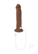 In Thrust We Trust Silicone Remote Control Dildo Chocolate with USB charging cable on a white background
