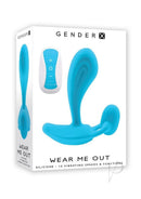 Gender X Wear Me Out Remote Control Dual Vibrator Blue packaging with remote control features.