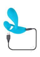 Gender X Wear Me Out Remote Control Dual Vibrator Blue shown with USB charging cable.
