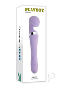 Playboy Vibrato Rechargeable Silicone Dual Ended Wand Purple packaging with textured vibrator design.