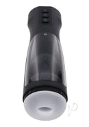 Playboy End Game Warming Stroker with UV Stand Black, a device with textured sleeve and control buttons.