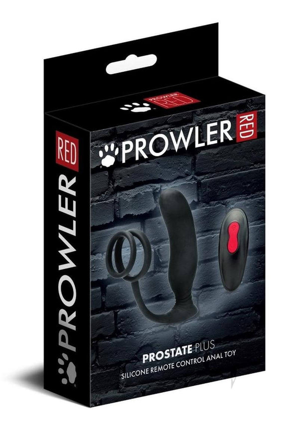 Prowler Red Prostate Plus Anal Toy Black packaging featuring remote control and silicone design.