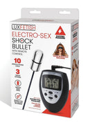 Lux Fetish Electro Sex Shock Bullet with Wired Remote Black packaging showing control unit and satin blindfold.