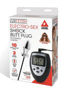 Lux Fetish Electro Sex Butt Plug with Wired Remote Black packaging featuring shock butt plug and remote control.