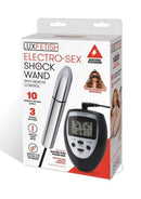 Lux Fetish Electro Sex Shock Wand with Wired Remote packaging showcasing features and remote control