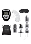 Lux Fetish Electro Sex Ultra Shock 9 Piece Set Black includes remote, accessories, and storage bag for electrostimulation play.
