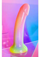 Love to Love Dildolls Stargazer Silicone Dildo Rainbow in a vibrant rainbow gradient design with glitter.