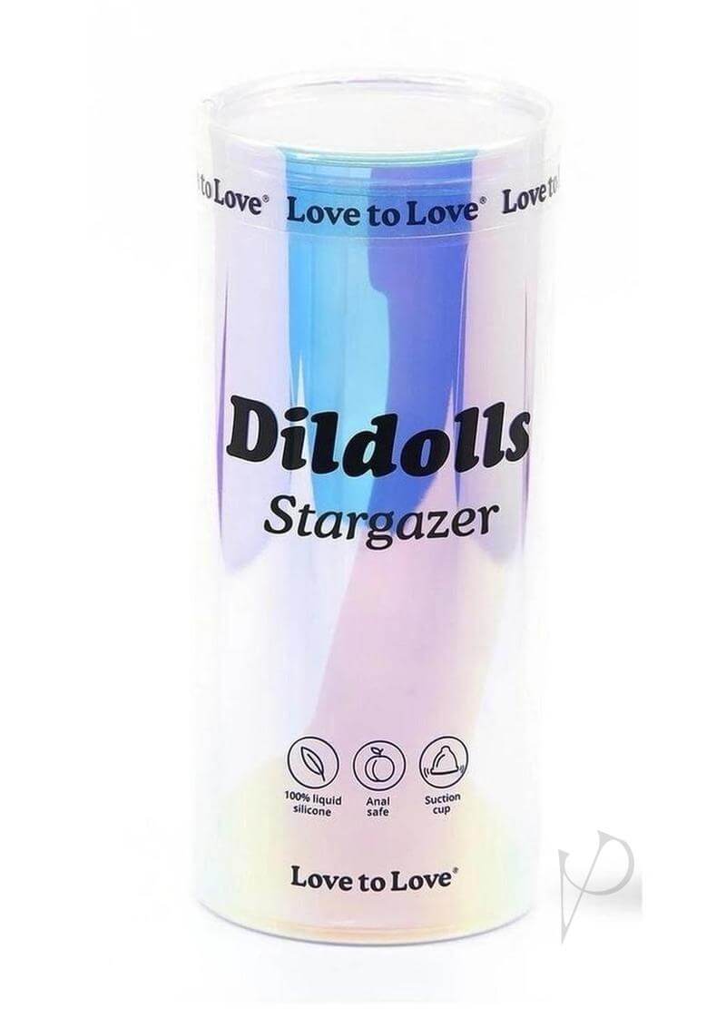 Love to Love Dildolls Stargazer Silicone Dildo Rainbow packaging with gradient colors and branding.