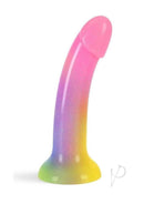 Love to Love Dildolls Stargazer Silicone Dildo Rainbow in vibrant pink, purple, and yellow gradient with glitter.