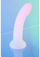 Love to Love Dildolls Galactica Silicone Dildo Pink Green in soft pastel colors on a reflective surface.