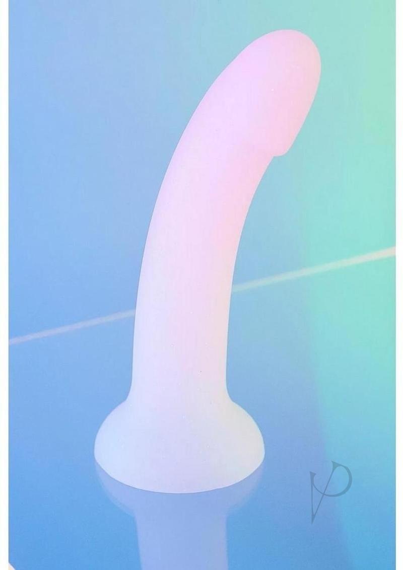 Love to Love Dildolls Galactica Silicone Dildo Pink Green in soft pastel colors on a reflective surface.