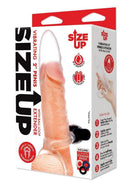 Size Up Clear View 2 Inch Vibrating Penis Extender packaging featuring a transparent sleeve with curved tip and ball loop.