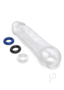 Size Up 2 Inch Girthy Clear View Penis Extender with integrated ball loop and three rings, showcasing its transparent design.