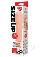 Size Up Extra Realistic 3 Inch Penis Extender Vanilla packaging with realistic design and included stamina rings.