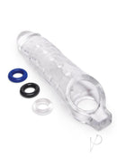Size Up 1 Inch Studded Clear Penis Extender with Ball Loop alongside three different colored rings for enhanced pleasure.