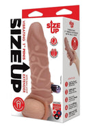 Size Up 1 Inch Vibrating Realistic Penis Extender Caramel packaging featuring instructions and product details.