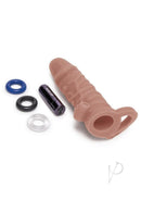 Size Up 1 Inch Vibrating Realistic Penis Extender Caramel with accessories and two rings for enhanced pleasure.