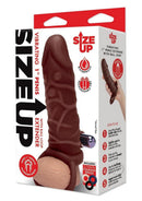Size Up 1 Inch Vibrating Silicone Penis Extender Chocolate packaging showcasing realistic design and features.