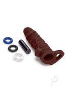 Size Up 1 Inch Vibrating Silicone Penis Extender Chocolate with accessories and bullet vibrator.