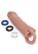 Size Up 1 Inch Penis Extender with Ball Loop Caramel alongside three rings in blue, black, and clear.