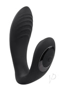 Playboy Play Time Silicone G-Spot Dual Vibrator Black on a white background, showcasing its sleek design and textured shaft.