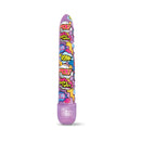 Prints Charming Pop Tease 7 Inch Classic Vibrator Purple with colorful comic-style design and smooth shaft.