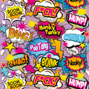 Colorful comic-style graphic featuring playful words and phrases like F*CK!, HUMP!, and BANG!