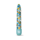 Prints Charming Pop Tease 7 Inch Classic Vibrator Bang Blue in a fun pop-art design with bright colors and comic motifs.