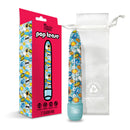 Prints Charming Pop Tease 7 Inch Classic Vibrator Bang Blue with fun pop-art design and packaging.