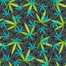 Colorful cannabis leaf pattern on a dark background, featured in the Prints Charming Buzzed 3.5 Inch Bullet Canna Queen Black.