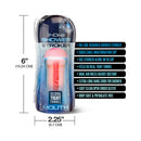 Happy Ending Self-lubricating Shower Stroker Mouth packaging with features and dimensions displayed.
