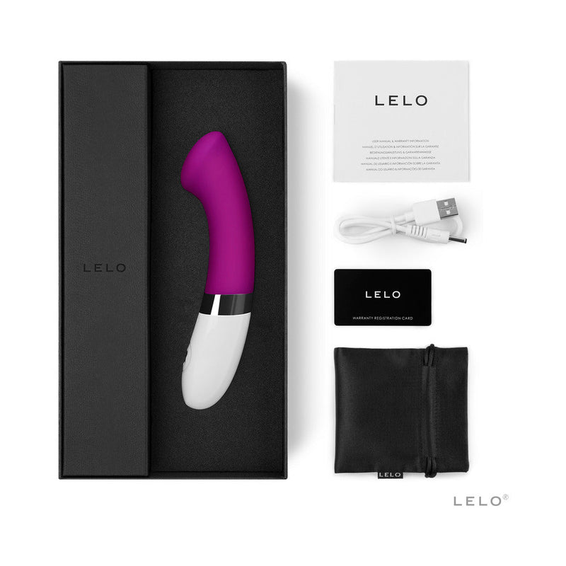 LELO GIGI 2 Rechargeable G Spot Vibrator Deep Rose in a sleek box with accessories and packaging.