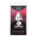 Onix Silver Romulo Extra Small Anal Plug packaging by Camtoyz featuring a conical design.