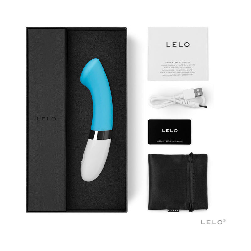 LELO GIGI 2 Rechargeable G Spot Vibrator Turquoise Blue with box, accessories, and manual.